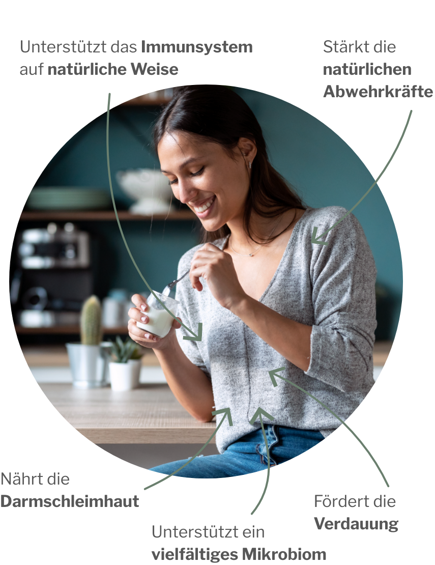 Gesunde und glückliche Frau isst ein natürliches Joghurt mit Kolostrum für ihre Darmgesundheit