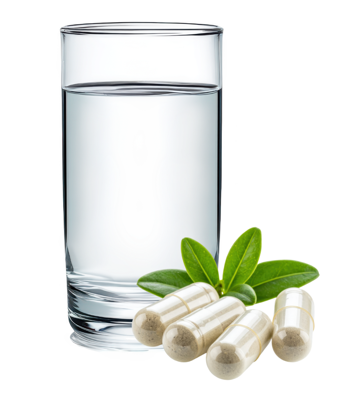 Wasserglas mit dr.reinwald Nahrungsergänzung als Kapsel