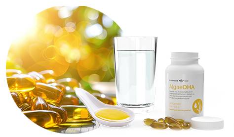 Omega 3 Fettsäuren-Dragees mit einer Dose AlgaeDHA