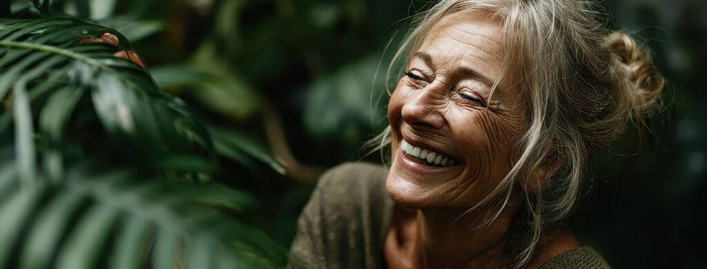 Lachende Frau mit natürlicher Schönheit in der Natur