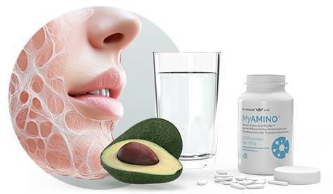 Nahhaufnahme eines weiblichen Gesichts zur Darstellung der Kollagenbildung mit den essenziellen Aminosäuren von MyAMINO